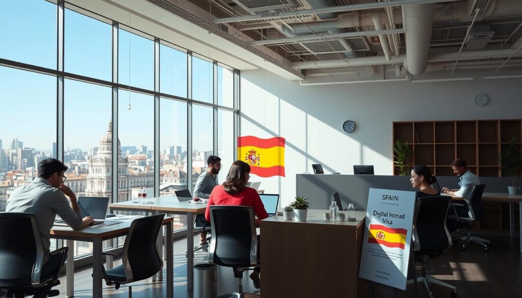 A sunlit coworking space in Madrid, Spain, with sleek modern desks, ergonomic chairs, and floor-to-ceiling windows offering panoramic views of the city skyline. In the foreground, a group of young professionals, representing diverse nationalities, are collaborating on laptops, immersed in their digital nomad tasks. In the middle ground, a receptionist's desk with a sign highlighting "Spain Digital Nomad Visa" information. The background features a stylized illustration of the Spanish flag, subtly conveying the essence of the country's new digital nomad program. The overall scene exudes a sense of productivity, global connectivity, and the vibrant spirit of Spain's emerging digital nomad community.