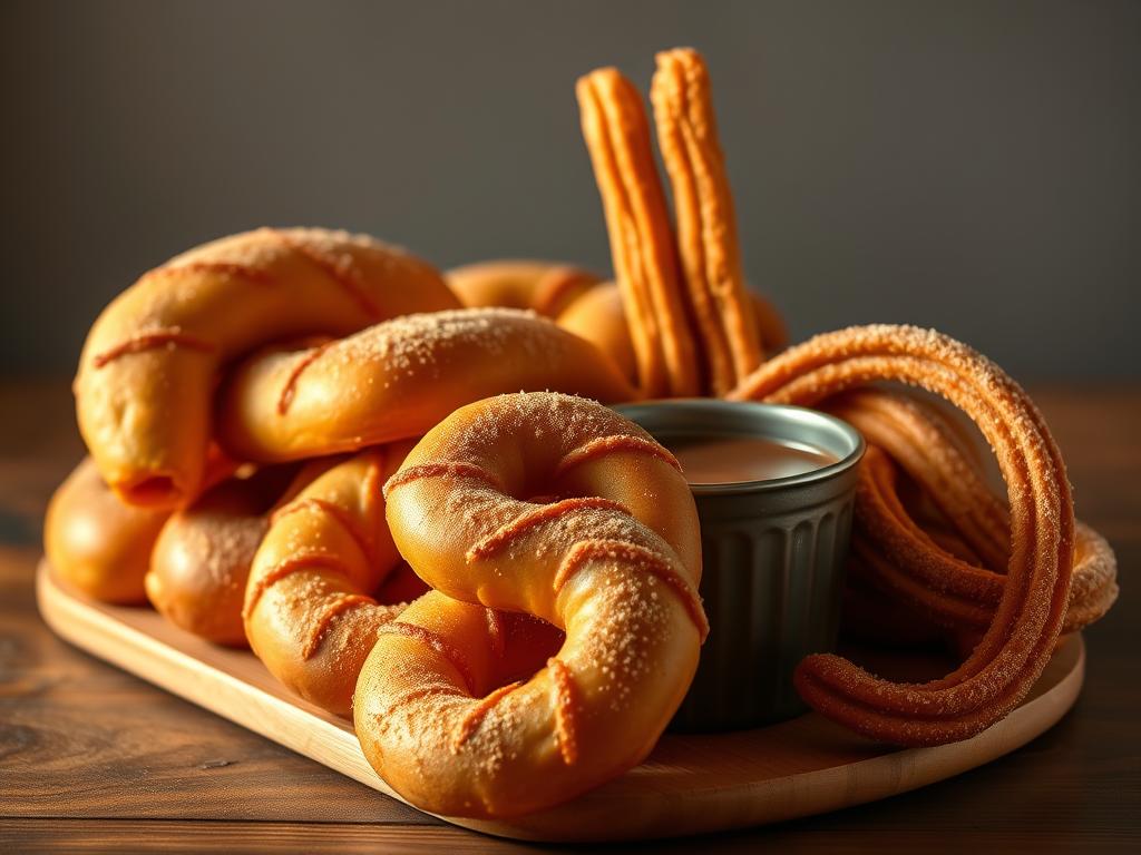 A tantalizing display of golden-brown porras and churros, artfully arranged on a wooden table. The porras, thicker and chunkier than their churro cousins, gleam under warm lighting, their crisp exteriors dusted with a light coating of cinnamon sugar. Nestled alongside them, the churros stand tall, their ridged surfaces beckoning to be dipped into a decadent cup of rich, creamy chocolate. The scene is framed by a minimalist background, allowing the delectable treats to take center stage and capture the essence of Spain's beloved breakfast staple.