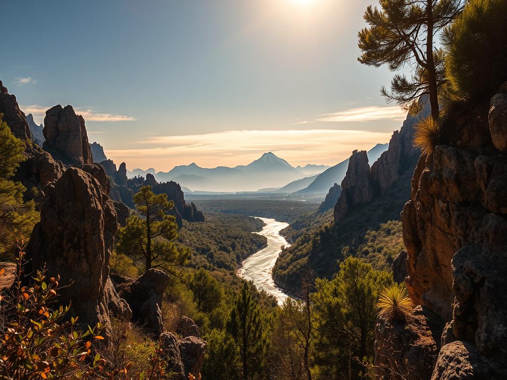 A thrilling vista of the Málaga province's outdoor adventures unfolds. In the foreground, rugged rock formations jut out, casting dramatic shadows under a warm, golden sun. Lush, verdant foliage frames the scene, hinting at the verdant hiking trails that wind through the landscape. In the middle ground, a crystal-clear river or stream flows, its waters glimmering invitingly. Towering, majestic mountains rise in the distance, their peaks capped with snow and shrouded in wispy clouds. The overall atmosphere is one of adventure, exploration, and the awe-inspiring power of nature. A wide-angle lens captures this breathtaking panorama, inviting the viewer to immerse themselves in the thrilling outdoor activities of Málaga.