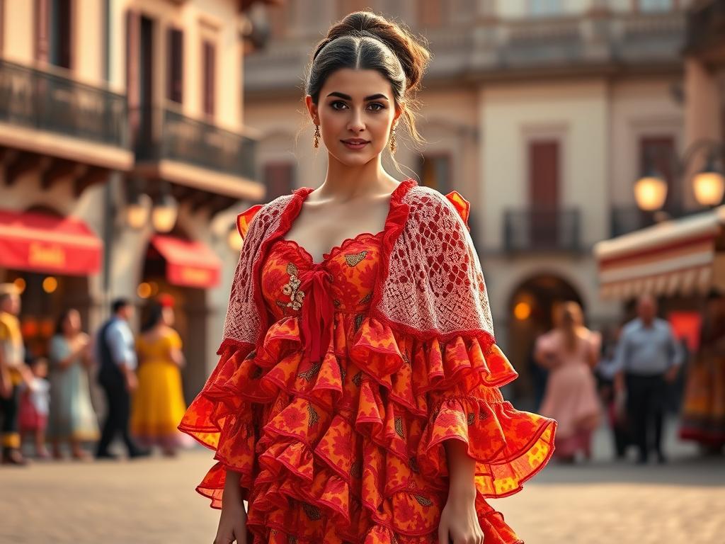 A vibrant and colorful traditional Spanish fair attire, featuring a flowing flamenco dress with intricate ruffled layers and an ornate lace shawl draped over the shoulders. The dress is adorned with bold, vibrant patterns in shades of red, orange, and yellow, capturing the essence of Spanish culture. The model stands confidently, her hair styled in a classic updo, accessorized with a decorative comb. The scene is set against a backdrop of a bustling Spanish town square, with warm, golden-hued lighting casting a soft, romantic glow over the entire composition.