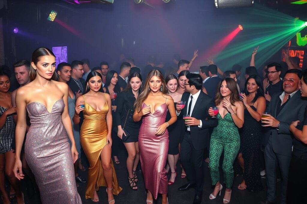 A vibrant and stylish crowd gathers in a Málaga nightclub, the neon-lit dance floor pulsing with energy. In the foreground, models strutting in shimmering dresses and sleek, tailored suits, their outfits a bold fusion of modern Spanish fashion and club-ready glamour. The middle ground features a diverse mix of partygoers, some swaying to the beats of the DJ, others sipping colorful cocktails, all exuding an air of confident, carefree revelry. The background is a hazy, atmospheric blur of flashing strobes and mood lighting, creating an immersive, high-energy ambiance. The overall scene captures the essence of Málaga's nightlife - a celebration of style, music, and the city's vibrant, youthful spirit.