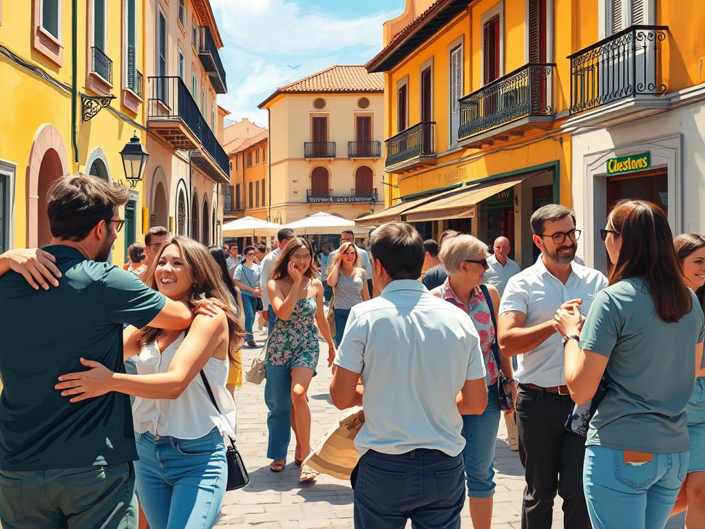 A vibrant and welcoming scene of a Spanish street, bathed in warm Mediterranean sunlight. In the foreground, a group of friends enthusiastically greet each other with friendly embraces and broad smiles, their gestures animated and expressive. In the middle ground, a mix of locals and tourists converse casually, exchanging polite phrases like "¡Hola!", "¿Cómo estás?" and "Encantado/a de conocerte." The background features the charming architectural details of a traditional Spanish plaza, with wrought-iron balconies, terracotta roofs, and a bustling café. The overall mood is one of casual conviviality and cultural warmth, inviting the viewer to imagine themselves immersed in the lively spirit of a Spanish greeting.
