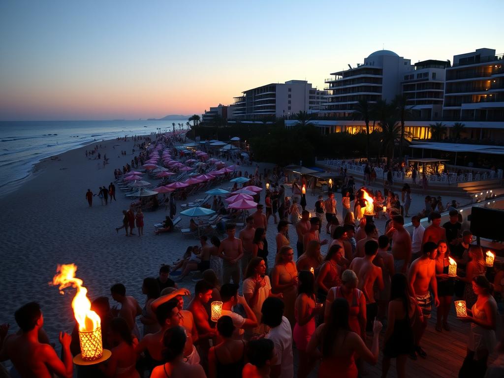 A vibrant beachside party scene unfolds in the picturesque town of El Puerto de Santa María. In the foreground, a lively crowd of revelers dances to the rhythmic beats of a live band, their silhouettes backlit by the warm glow of tiki torches. The middle ground features an array of colorful umbrellas and lounge chairs lining the sandy shores, where groups of friends sip refreshing cocktails and mingle under the starry night sky. In the background, the sleek, modern architecture of the beachfront hotels and restaurants stands in contrast to the natural beauty of the gently lapping waves and the distant horizon. The scene is bathed in a soft, golden light, creating a magical, laid-back atmosphere that perfectly captures the essence of a summer evening in this vibrant coastal town.