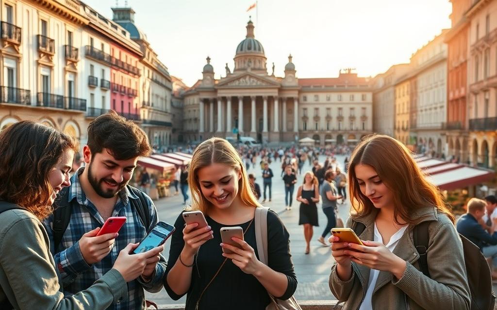 A vibrant cityscape of Madrid, Spain, with the iconic Puerta del Sol in the background. In the foreground, a group of young travelers consulting budget travel apps on their smartphones, searching for the best deals on accommodations, transportation, and local experiences. The middle ground features a bustling street scene, with locals and tourists mingling among quaint cafes and shops. Warm, natural lighting casts a golden glow, capturing the lively, cosmopolitan atmosphere of the city. The overall scene conveys the ease and affordability of exploring Spain's capital using modern, money-saving digital tools.