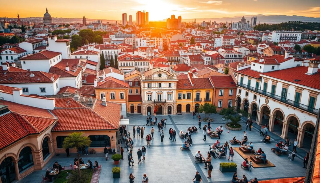 A vibrant cityscape of Spain's top digital nomad hubs in 2025, captured under a warm, golden hour glow. In the foreground, bustling plazas filled with remote workers sipping coffee and typing away on sleek laptops. The middle ground showcases iconic Spanish architecture, with terracotta roofs and whitewashed walls. In the distance, modern high-rises and coworking spaces dot the skyline, signaling the city's embrace of the digital nomad lifestyle. The scene exudes a lively, cosmopolitan atmosphere, enticing the viewer to explore these thriving hubs of global connectivity and creativity.