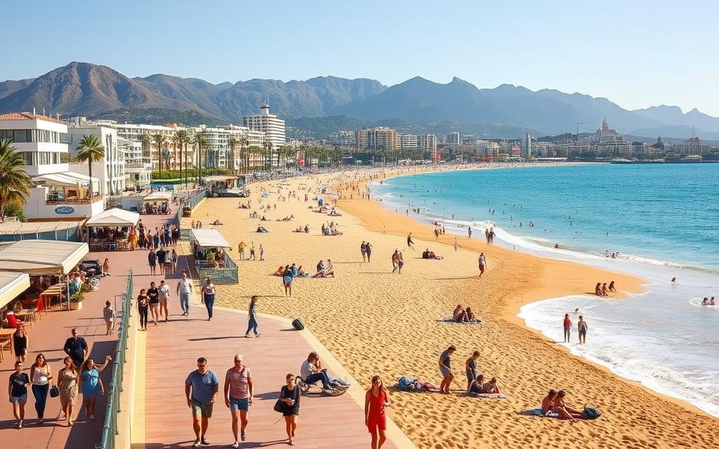 A vibrant coastal scene in Los Boliches, Málaga, showcasing a variety of activities for every type of traveler. In the foreground, people stroll along the promenade, soaking up the sun and enjoying beachside cafes. In the middle ground, families lounge on the golden sand, building sandcastles and splashing in the azure waters. In the background, the majestic Sierras de Mijas mountains rise, providing a stunning natural backdrop. The scene is bathed in warm, golden light, creating a cheerful, inviting atmosphere. Lens: wide-angle, to capture the expansive landscape. Angle: slightly elevated, to provide an encompassing view of the diverse offerings of this charming coastal town.