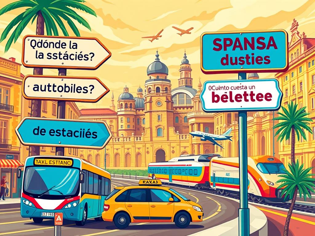 A vibrant, detailed scene showcasing Spanish travel phrases for various transportation modes. In the foreground, a stylized digital illustration depicts phrases like "¿Dónde está la estación de autobuses?" (Where is the bus station?) and "¿Cuánto cuesta un billete de tren?" (How much is a train ticket?), displayed on retro-inspired signs. The middle ground features an array of transportation icons - a bus, a taxi, a train, and a plane - in a vivid, graphic style. In the background, a dynamic cityscape with Spanish architectural elements sets the stage, bathed in warm, golden lighting that creates a welcoming, travel-ready atmosphere.