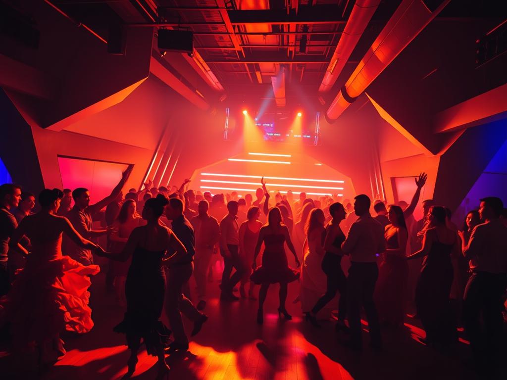 A vibrant flamenco fusion nightclub in Jerez de la Frontera. The scene is bathed in warm, dramatic lighting, casting a sultry glow over the dancefloor. In the foreground, a group of passionate flamenco dancers move with fiery intensity, their ruffled dresses and stomping feet accentuated by the chiaroscuro lighting. In the middle ground, a diverse crowd of revelers sway and groove to the pulsing rhythms of fusion music, a blend of traditional Spanish and contemporary electronic elements. The background is filled with sleek, modern architectural elements - geometric shapes, metallic accents, and pulsing neon lights that contribute to the futuristic, high-energy atmosphere. An intoxicating scene that captures the essence of Jerez's vibrant flamenco fusion nightlife.