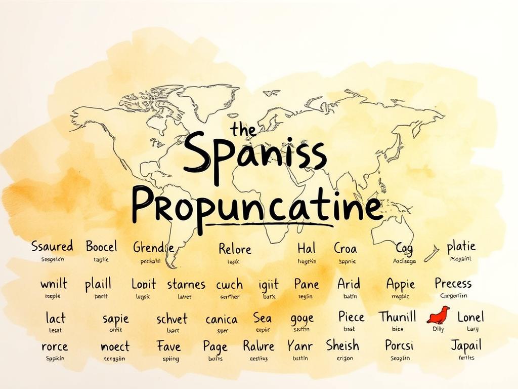 A vibrant, hand-drawn Spanish pronunciation guide against a soft, watercolor backdrop. In the foreground, a collection of common Spanish vowel and consonant sounds, each illustrated with a corresponding image and phonetic spelling. The middle ground features a stylized world map, hinting at the global reach of the Spanish language. The background is a warm, golden-hued wash, evoking the spirit of Spanish culture. Soft lighting casts a gentle glow, creating a welcoming and educational atmosphere. The overall composition is balanced, inviting the viewer to explore the nuances of Spanish pronunciation with clarity and charm.