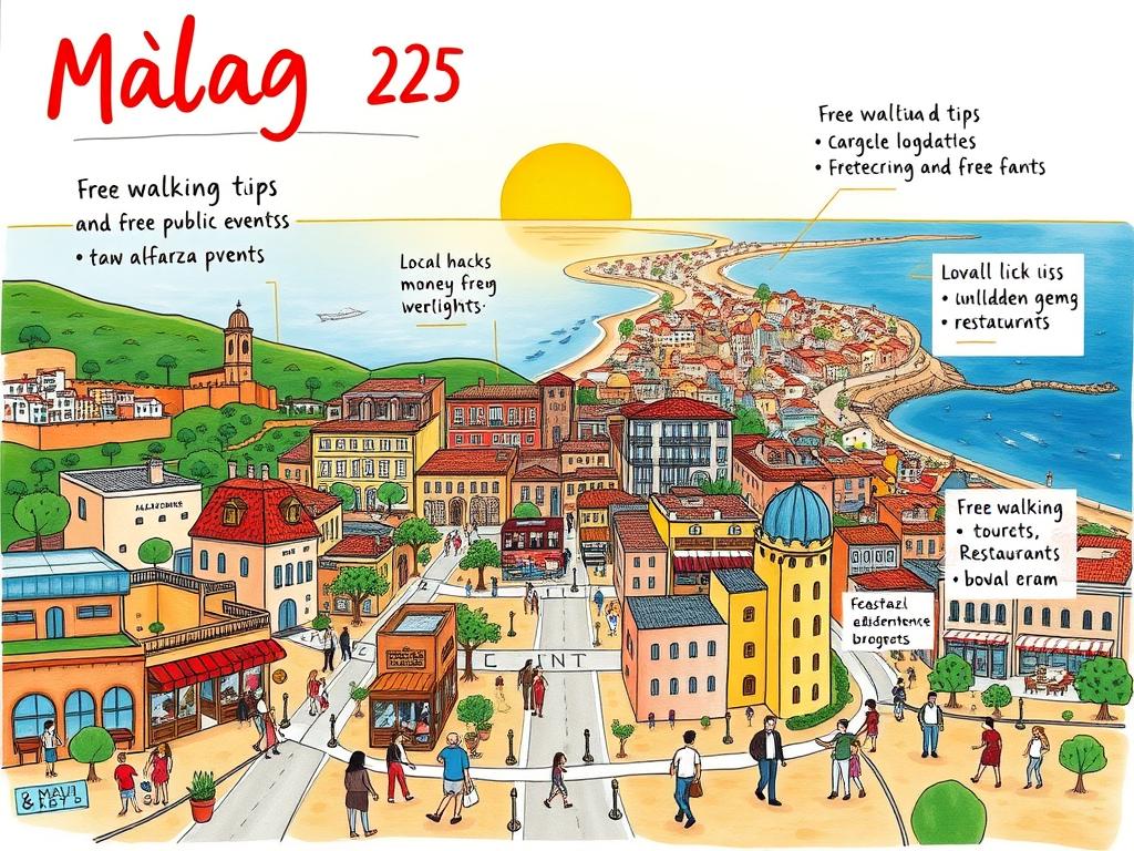 A vibrant, hand-drawn city map of Málaga in 2025, showcasing budget-friendly highlights. In the foreground, a stylized illustration of the city's iconic landmarks, such as the Alcazaba fortress and the Gibralfaro viewpoint, surrounded by colorful streets dotted with affordable cafés, markets, and free public events. The middle ground depicts locals and tourists exploring the city, with callouts highlighting money-saving tips and local hacks, like free walking tours and hidden gem restaurants. The background features a detailed, whimsical landscape of the Mediterranean coastline, with the sun setting over the Alboran Sea, casting a warm, golden glow across the scene. The overall aesthetic is a charming, hand-crafted blend of illustration and photography, conveying the vibrant, budget-friendly atmosphere of Málaga in 2025.