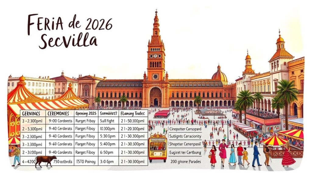 A vibrant, hand-drawn illustration of the Feria de Sevilla 2026 schedule. The foreground features a detailed timetable of the daily events, including the opening and closing ceremonies, bullfights, flamenco performances, and traditional parades. The middle ground showcases the iconic architecture of Seville, with the Giralda tower and the Plaza de España in the background. The scene is bathed in warm, golden light, capturing the festive atmosphere of the annual celebration. The illustration has a whimsical, artisanal quality, conveying the rich cultural heritage and lively spirit of the Feria de Sevilla.