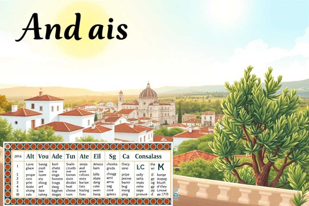 A vibrant, hand-illustrated Spanish pronunciation guide set against the backdrop of a sun-drenched Andalusian landscape. In the foreground, a detailed chart showcases the unique vowel and consonant sounds of the regional dialect, accompanied by phonetic spellings and examples. The middle ground features an ornate border of Moorish-inspired tiles and patterns, hinting at the region's rich cultural heritage. In the background, a vista of whitewashed buildings, terracotta roofs, and lush olive groves stretches out under a bright, cloudless sky. The overall composition conveys a sense of authenticity, tradition, and the idyllic ambiance of Andalusia.