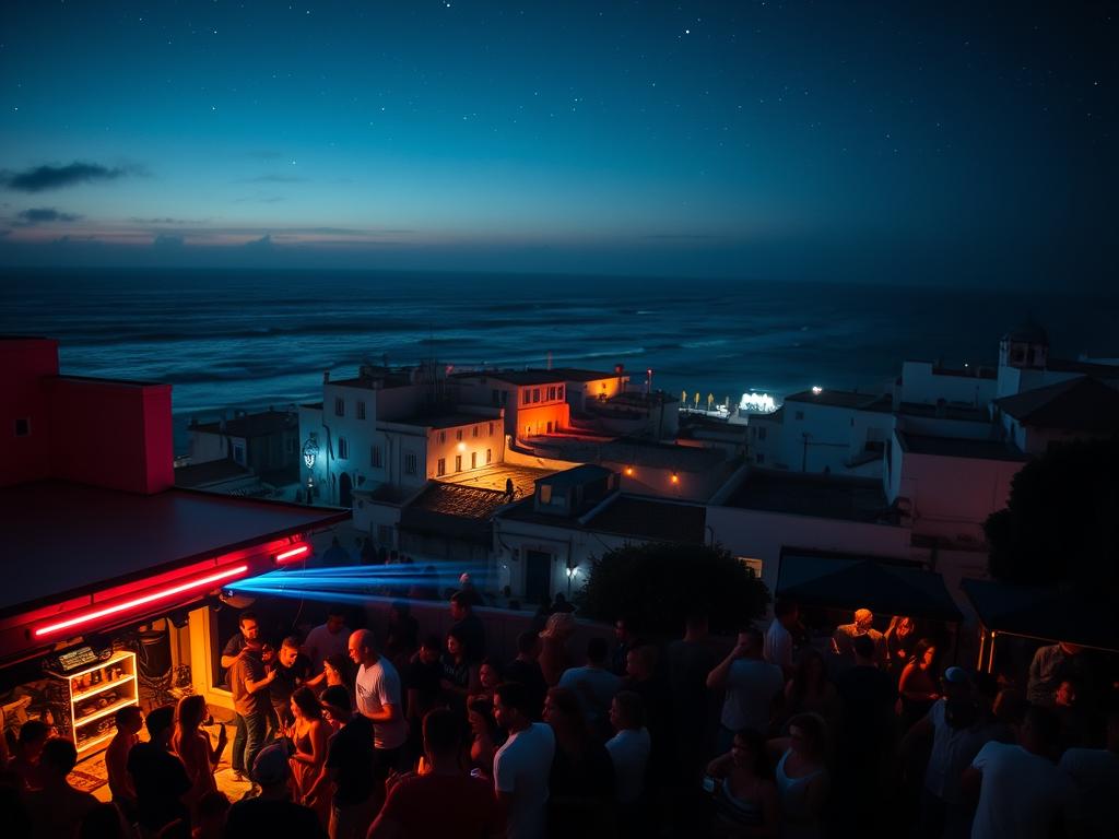 A vibrant nightscape in Tarifa, Spain, with the iconic wind-swept coastline and Atlantic waves as the backdrop. In the foreground, a lively outdoor club pulsates with music, neon lights, and a crowd of revelers dancing under the starry sky. Mid-ground features the historic architecture of Tarifa's old town, its whitewashed buildings aglow with warm lighting. The scene is bathed in a cool, moody ambiance, with a cinematic lens flare accentuating the energy and movement. The overall composition captures the essence of Tarifa's renowned nightlife - a fusion of coastal charm, youthful exuberance, and an irresistible party atmosphere.
