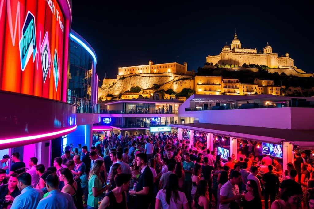 A vibrant nightscape of popular clubs in Málaga, Spain. In the foreground, neon-lit facades and pulsing dance floors reveal the energy of commercial and pop music venues. Throngs of stylishly dressed partygoers spill out onto lively outdoor terraces, drinks in hand. The middle ground features modern architectural details, with sleek lines and glass facades reflecting the city's skyline. In the background, the historic Gibralfaro castle overlooks the scene, its warm lighting adding an air of timeless allure. The overall atmosphere is one of excitement, celebration, and a cosmopolitan nightlife experience.