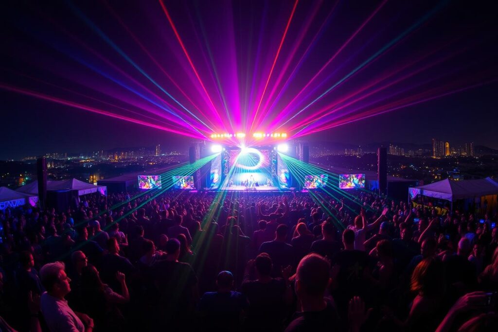 A vibrant nighttime scene of Málaga's electronic music festival, the city's skyline visible in the background. Crowds of people dance and sway under pulsing lights and towering speakers, their silhouettes backlit by a glowing stage. Colorful lasers and strobes illuminate the night, creating an electric atmosphere of energy and excitement. The festival grounds are expansive, with multiple stages and areas for different genres, from techno to house to trance. The air is thick with the rhythmic beats of the music, drawing in partygoers from across the region for this annual celebration of electronic music culture.