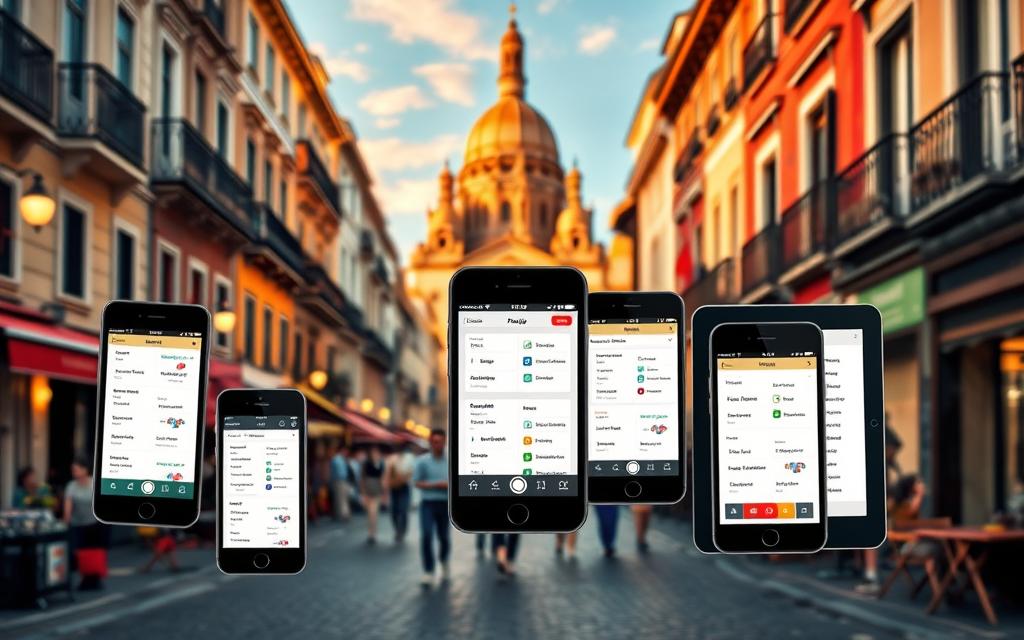 A vibrant, realistic scene of language translation apps on a variety of mobile devices, showcased against the backdrop of the iconic architecture and landmarks of Spain. The foreground features several smartphones and tablets, each displaying popular translation app interfaces in multiple languages. The middle ground captures the essence of a lively Spanish street, with pedestrians, cafes, and colorful buildings. In the background, the majestic silhouette of a cathedral or historic structure rises, bathed in warm, golden lighting that creates a welcoming, atmospheric ambiance. The overall composition conveys the seamless integration of technology and travel, empowering users to navigate the linguistic and cultural landscape of Spain with ease.