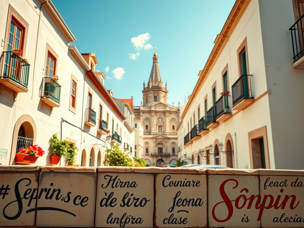 A vibrant scene of Spanish phrases artfully displayed in the historic streets of Spain. In the foreground, hand-painted tiles with intricate cursive script beckon exploration. The mid-ground features a cozy plaza, its whitewashed buildings adorned with colorful window boxes and wrought-iron balconies. In the distance, the iconic silhouette of a grand cathedral rises, its spires reaching towards a sun-dappled sky. Warm Mediterranean light casts a soft, inviting glow, inviting the viewer to immerse themselves in the rich cultural tapestry of this captivating country.