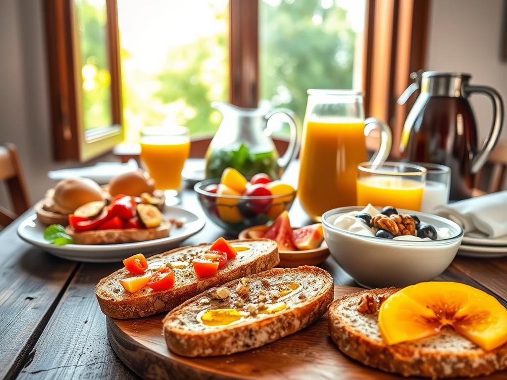 A vibrant scene of a Spanish breakfast spread on a rustic wooden table. In the foreground, a platter of freshly-baked whole-grain toasts, drizzled with extra-virgin olive oil and sprinkled with crushed tomatoes, garlic, and a pinch of sea salt. Alongside, a bowl of creamy, protein-rich Greek yogurt topped with sliced seasonal fruits and a sprinkle of toasted nuts. In the middle ground, a large pitcher of freshly-squeezed orange juice and a carafe of robust, aromatic Spanish coffee. In the background, an open window allows natural light to flood the scene, casting a warm, golden glow and revealing lush, verdant foliage outside. The overall mood is one of health, simplicity, and the vibrant flavors of Mediterranean cuisine.