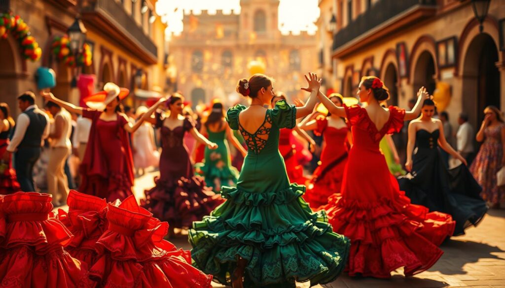 A vibrant scene of traditional flamenco dresses in a warm, sun-drenched setting. In the foreground, a cluster of dresses in rich, jewel-toned colors - crimson red, emerald green, and deep indigo - their intricate ruffles and lace details catching the light. In the middle ground, a group of women in full-length, flared skirts swaying gracefully, their arms outstretched in the signature flamenco pose. The background is a blur of colorful people, festive decorations, and the architectural details of a historic Seville square. Warm, golden lighting casts a romantic, celebratory glow over the entire scene.