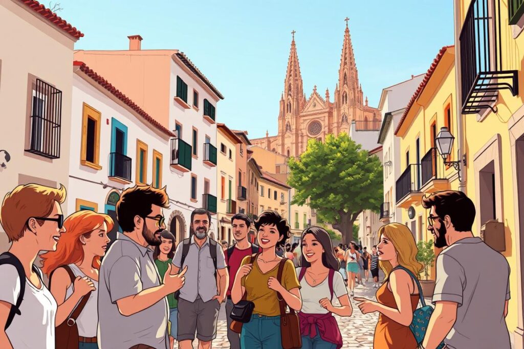 A vibrant street scene in the heart of Andalusia, Spain. The foreground features a group of locals engaged in lively conversation, their gestures and expressions showcasing the expressive nature of the Andalusian dialect. In the middle ground, sun-dappled buildings with whitewashed walls and colorful window frames line the narrow cobblestone streets, reflecting the region's rich architectural heritage. The background is dominated by the silhouette of a grand cathedral, its towering spires reaching towards the deep blue Iberian sky. The overall scene is bathed in warm, golden light, capturing the laid-back, convivial atmosphere that characterizes the Andalusian way of life.