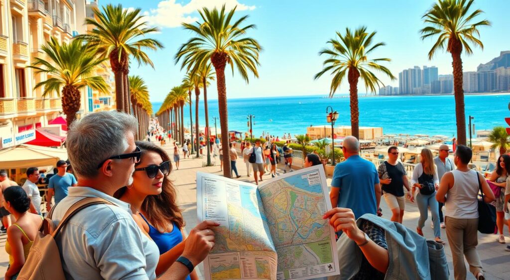 A vibrant, sun-drenched city streetscape in Benidorm, Spain. In the foreground, a group of tourists eagerly studying a detailed city map, their expressions alight with anticipation. Mid-ground, a bustling promenade lined with palm trees and colorful buildings, pedestrians strolling and chatting animatedly. In the background, the azure Mediterranean Sea and a stunning skyline of high-rise hotels and resorts. Soft, warm lighting casts a golden glow over the scene, capturing the lively, welcoming atmosphere of this renowned seaside destination. A sense of adventure and discovery permeates the image, inviting the viewer to explore the practical tips and must-see spots of Benidorm.