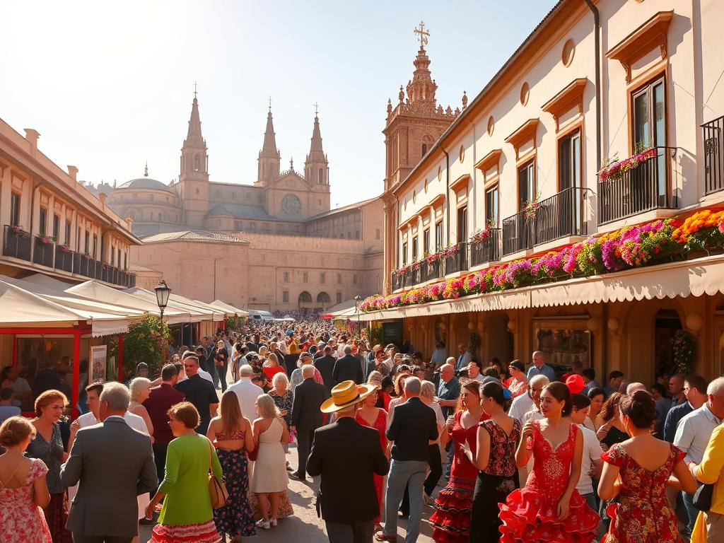 A vibrant, sun-drenched scene of the Feria de Jerez casetas, traditional tented pavilions lining the historic streets of Jerez de la Frontera. In the foreground, groups of locals and visitors mingle, sipping sherry and enjoying traditional Andalusian fare, their colorful flamenco dresses and suits swaying to the rhythmic music. In the middle ground, the ornate, whitewashed caseta facades rise up, their balconies adorned with lush flowers and vibrant fabrics. The background is dominated by the iconic Moorish architecture of the city, the spires of the Alcázar and Cathedral casting long shadows across the bustling fairgrounds. Warm, golden sunlight filters through, imbuing the scene with a joyous, festive atmosphere.