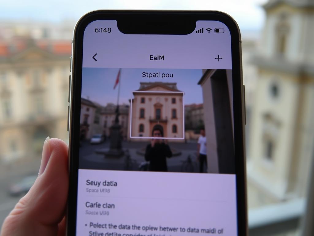 A well-lit, close-up view of a smartphone screen showing the step-by-step eSIM setup process for Spain. The foreground displays a simple, intuitive user interface with clear instructions and options to select a data plan or network provider. The middle ground showcases the phone's camera, integrating seamlessly with the eSIM setup interface. The background features a blurred cityscape of Madrid, hinting at the traveler's destination. The overall atmosphere conveys a sense of ease and efficiency, reflecting the convenience of the eSIM technology for digital nomads exploring Spain.