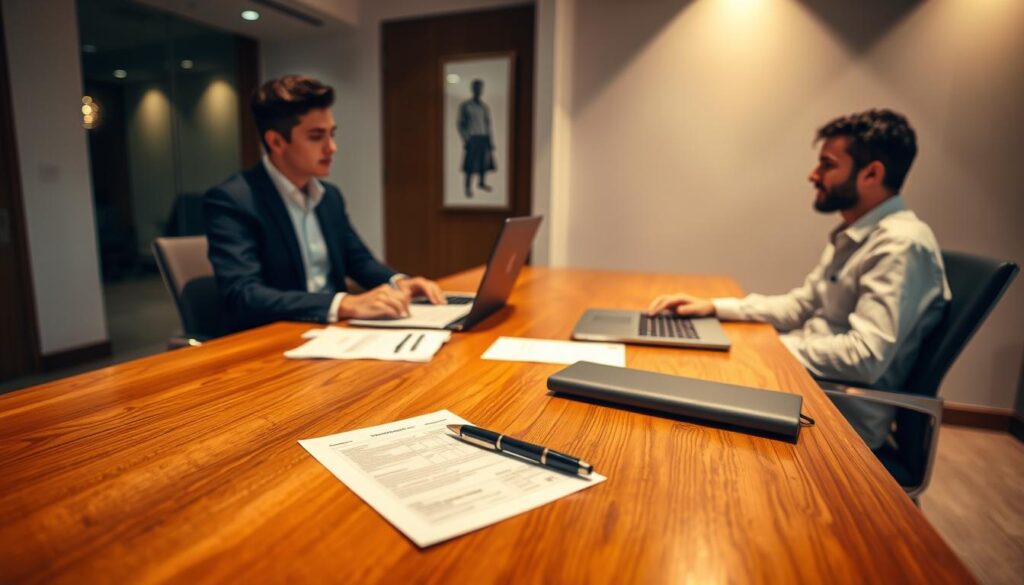 A well-lit office interior, a polished oak desk in the foreground, a banker in a crisp white shirt and navy blue suit sitting across from a young professional in a casual button-down and slacks. On the desk, various banking documents, a laptop, and a pen resting on a paper application form. Indirect lighting casts a warm glow, creating a professional yet approachable atmosphere. The scene captures the moment of a remote worker opening a Spanish bank account, a key step in setting up their financial life in the country.