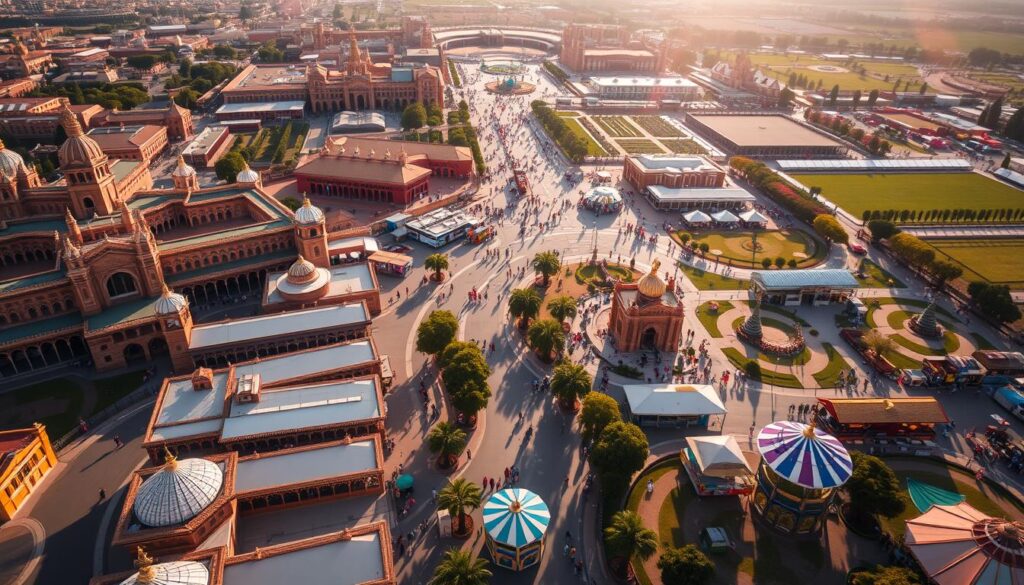 An aerial view of the Seville Fairgrounds, showcasing its intricate layout and vibrant atmosphere. The foreground features the iconic Moorish-style buildings and pavilions, their ornate architecture and colorful facades inviting visitors to explore. In the middle ground, winding paths guide attendees through bustling food stalls, carnival rides, and lively entertainment stages. The background reveals the larger fairgrounds, with meticulously designed gardens, plazas, and sprawling green spaces. Warm afternoon sunlight casts a golden glow over the entire scene, creating a sense of energy and celebration. The composition captures the essence of the Feria de Sevilla, a must-visit event for experiencing the rich cultural heritage and festive spirit of this enchanting Spanish city.