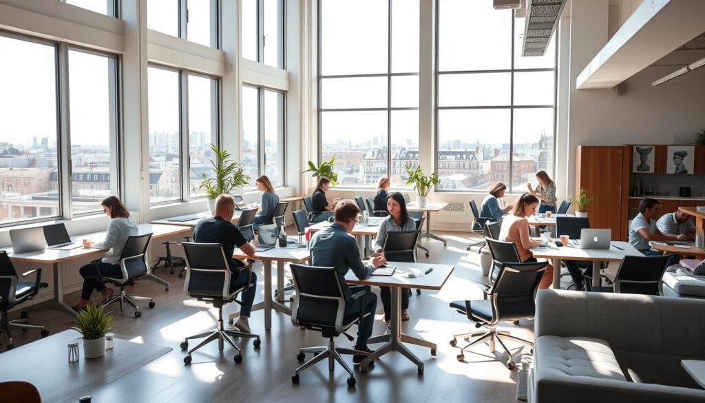 An airy, modern coworking space in the heart of Madrid, Spain. Sunlight streams through large windows, illuminating sleek desks and ergonomic chairs arranged in an open-concept layout. Mid-century modern furniture and minimalist decor create a sophisticated, yet relaxed atmosphere. Professionals from diverse backgrounds collaborate at communal tables, laptops open and coffee mugs in hand. Potted plants and art pieces add pops of color, while the distant skyline of Madrid's iconic architecture can be glimpsed through the windows. A communal lounge area with plush sofas and a small kitchenette encourages networking and socialization during breaks.
