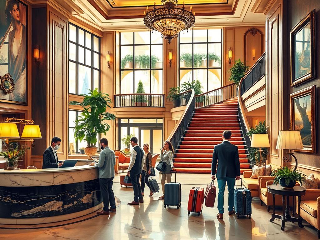 An elegant hotel lobby with plush furnishings and ornate decor. A marble reception desk with a friendly concierge stands in the foreground. In the middle ground, guests check in and out, carrying stylish luggage. Behind them, a grand staircase leads to upper floors, and large windows flood the space with warm, natural light. Potted plants and framed artwork adorn the walls, creating a refined, welcoming atmosphere. The scene conveys the high-end, comfortable experience of staying at a premium hotel.