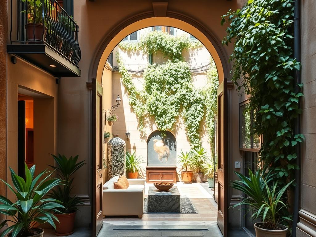 An intimate boutique hotel nestled in the charming streets of Barcelona's Gothic Quarter. The façade features a welcoming entryway with wrought-iron balconies and potted plants, bathed in warm Mediterranean sunlight. Through the arched doorway, glimpse a cozy lobby with plush sofas and a marble reception desk. In the background, a lush courtyard garden offers a tranquil oasis, its stone walls draped in cascading vines. The overall atmosphere exudes a sense of understated elegance and local character, inviting guests to experience Barcelona's vibrant culture in a personalized, budget-friendly manner.