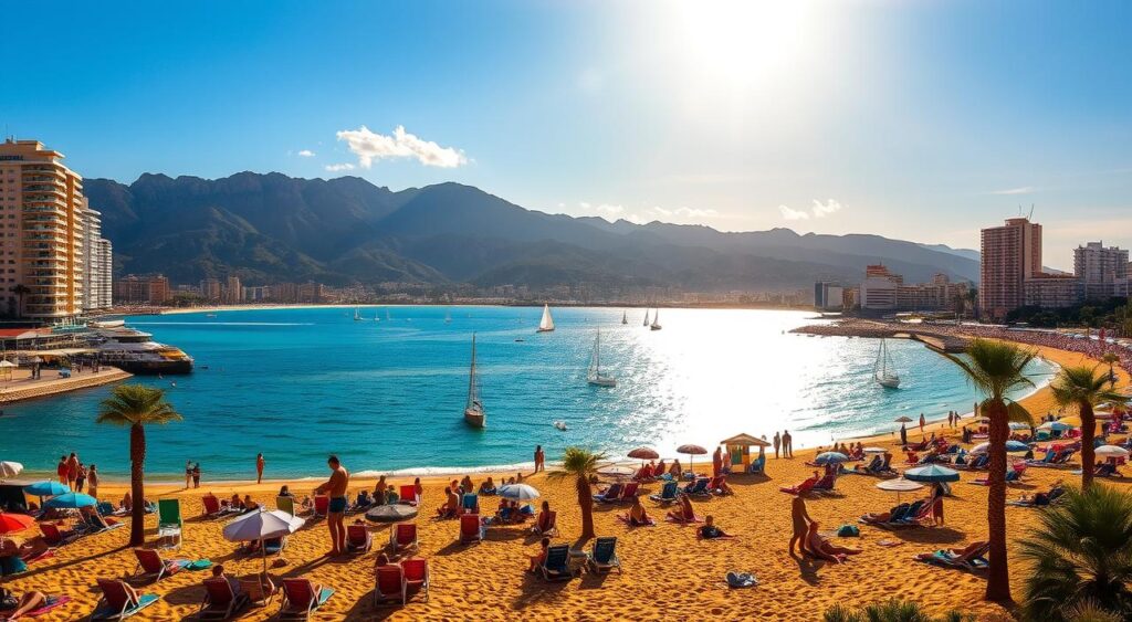 Benidorm under a bright Mediterranean sun, the coastal city's iconic high-rise hotels and palm-lined promenade bathed in warm, golden light. In the foreground, a bustling beach scene with sun-kissed beachgoers relaxing on colorful lounge chairs, their silhouettes casting long shadows across the soft, golden sand. In the middle ground, the glistening azure waters of the Levante Beach, sailboats and yachts dotting the horizon. In the background, the rugged Poniente Mountains rise majestically, their peaks partially obscured by wispy, cotton-candy clouds. The overall atmosphere exudes a sense of carefree, seaside bliss, perfectly capturing the essence of Benidorm's optimal weather and prime beach season.