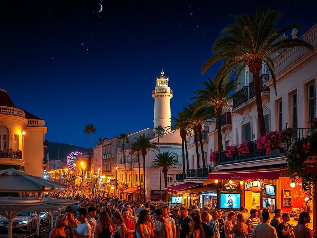 Cádiz coast nightlife at its finest: a vibrant seaside promenade, dotted with lively bars and clubs, their neon signs reflecting on the gently lapping waves. In the foreground, crowds of revelers spill out onto the streets, drinks in hand, music pulsing through the air. The middle ground reveals elegant Art Nouveau architecture, balconies adorned with blooming bougainvillea. In the background, the silhouettes of palm trees sway against a starry, indigo sky, as the iconic Castillo de San Sebastián lighthouse keeps a watchful eye over the scene. Warm, golden lighting casts a welcoming glow, capturing the energy and excitement of a summer night in this enchanting coastal town.