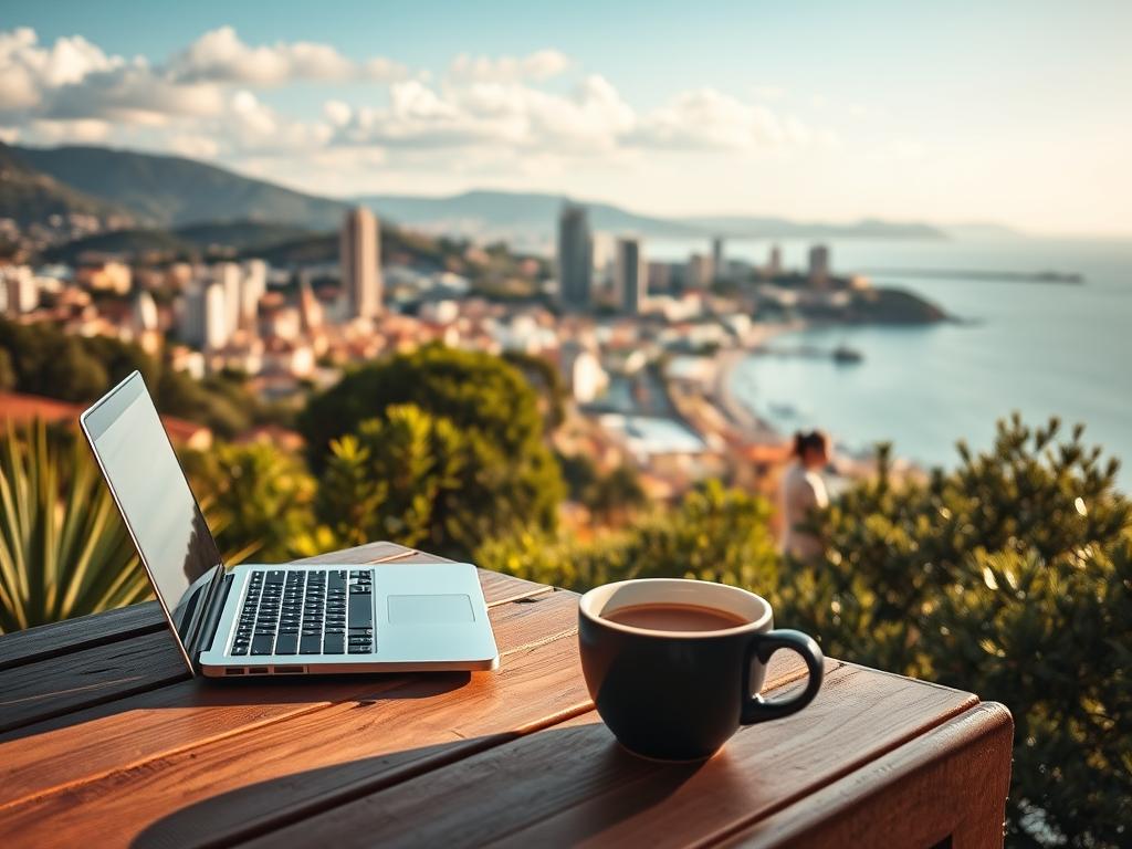 Detailed landscape showcasing Spain's vibrant digital nomad lifestyle. In the foreground, a laptop and a cup of coffee on a wooden table, representing remote work. In the middle ground, a person working outdoors, surrounded by lush greenery and a picturesque coastal town. In the background, a vibrant skyline with modern skyscrapers, capturing the urban energy. Warm Mediterranean lighting bathes the scene, creating a serene and inviting atmosphere. The composition highlights the flexibility and opportunities for digital nomads seeking alternatives to the traditional Spanish digital nomad visa requirements.