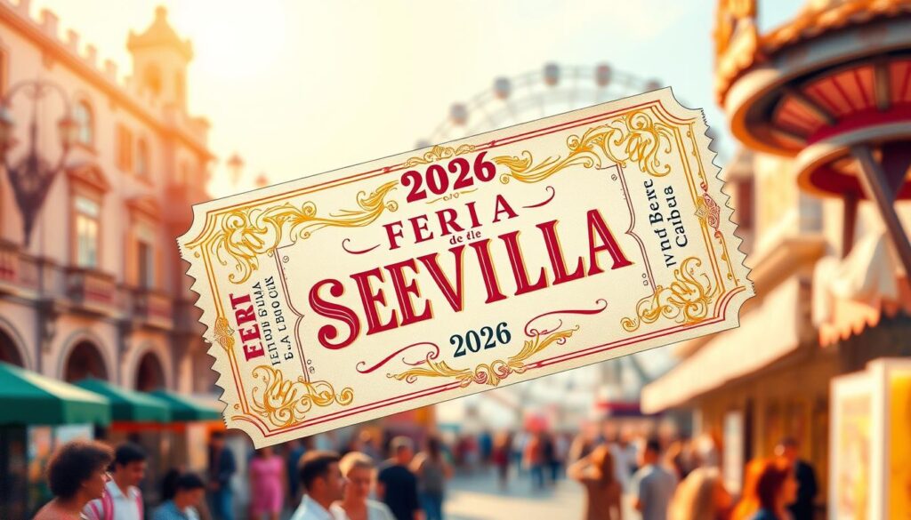 Feria de Sevilla Tickets 2026: A vibrant, hand-painted illustration showcasing an ornate, vintage-style ticket for the renowned Feria de Abril festival in Seville, Spain. The ticket is adorned with intricate floral patterns, ornamental flourishes, and a prominent "2026" date, capturing the celebratory spirit of this historic event. The background features a soft, warm glow, evoking the lively atmosphere of the fairgrounds. The overall composition is balanced, with the ticket taking center stage and surrounded by a hint of the festive scenery in the distance, such as the silhouettes of traditional Spanish architecture or the tops of ferris wheels. The lighting is natural and diffused, creating a sense of timelessness and nostalgia.