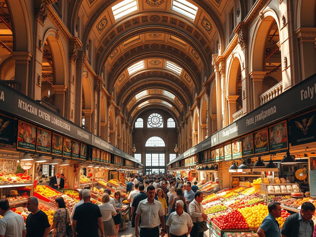 Málaga food market atarazanas, a bustling hub of culinary delights. A vast, sun-drenched hall with ornate archways and ornamental columns, showcasing an abundance of local produce. Vibrant stalls brimming with fresh seafood, juicy fruits, and fragrant spices. Vendors enthusiastically promoting their wares, creating a lively atmosphere. Shoppers navigating the lively crowds, immersed in the tantalizing aromas and vibrant colors. Warm, golden lighting filters through the high windows, casting a welcoming glow. A scene that captures the essence of Málaga's rich gastronomic heritage, inviting visitors to indulge in the city's culinary delights.