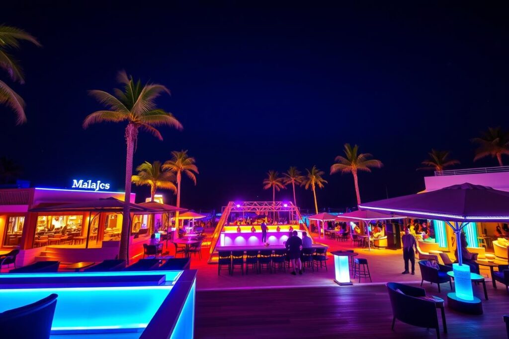 Málaga's vibrant beach clubs come alive at night, with a captivating interplay of mood lighting, neon accents, and the gentle lapping of waves. In the foreground, a sleek, modern outdoor lounge area invites guests to sip cocktails and dance under the stars. The middle ground features a large, open-air dance floor, surrounded by cabanas and VIP tables. In the background, the silhouette of palm trees sways against a deep, indigo sky, creating a serene, tropical atmosphere. The scene is illuminated by a combination of warm, amber lighting from the club's facades and cool, pulsing LED accents, casting a warm, inviting glow over the entire scene. The image conveys a sense of energy, sophistication, and the irresistible allure of Málaga's vibrant nightlife.