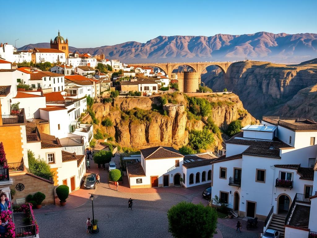 Ronda cliffside town, perched atop dramatic limestone cliffs, overlooking the Guadalevín River gorge. A picturesque Andalusian town with whitewashed houses, narrow winding streets, and iconic Puente Nuevo bridge spanning the chasm. Warm afternoon light bathes the scene, casting long shadows and illuminating the town's Moorish and Baroque architecture. In the foreground, a cobblestone plaza bustles with locals and tourists exploring the charming historic center. The middle ground reveals lush gardens and balconies draped with vibrant flowers. In the distance, rugged sierras frame the vista, creating a breathtaking, timeless tableau.